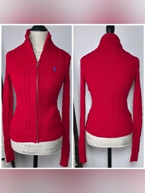 Vintage Polo Ralph Layren Sport Cable Knit Zip Up Cardigan Small Red Long Sleeve